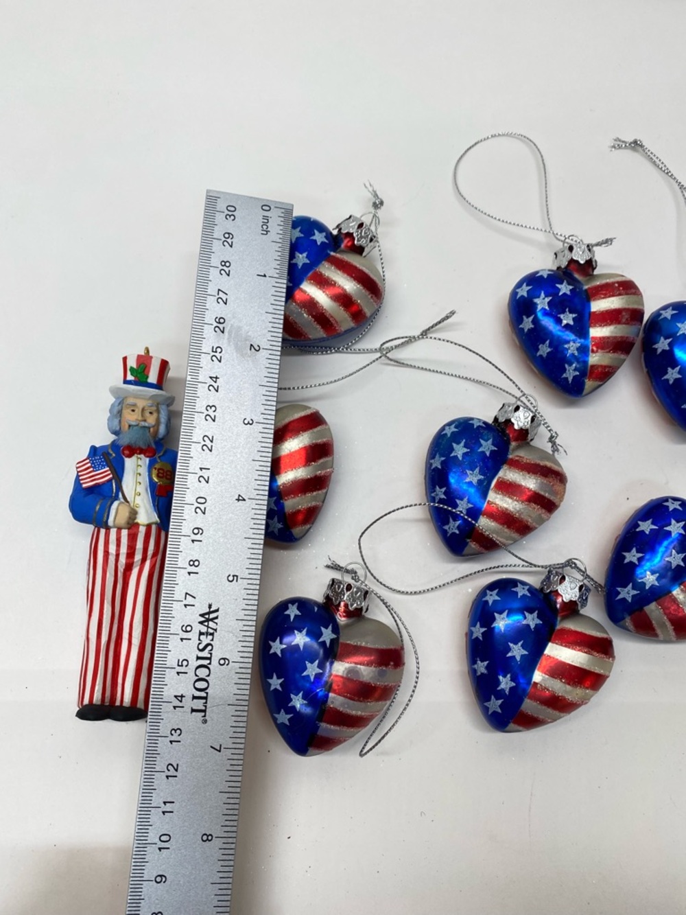 Patriotic Heart Ornament Set of 8 1 Uncle Sam Nutcracker Ornament Americana 4th - Picture 11 of 15
